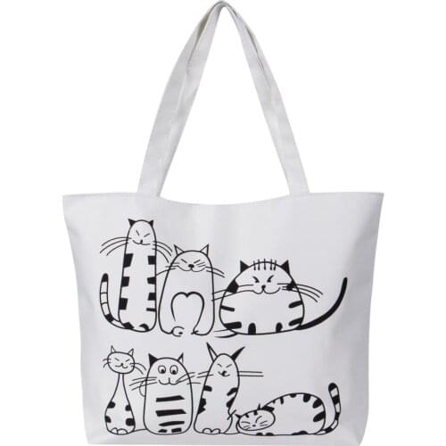 Women Canvas Handbag cartoon Cat Printed Shoulder bag Female Large Capacity Ladies Beach Bag Women Canvas Tote Shopping Handbags