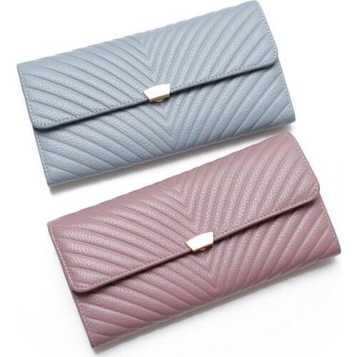 Cow Leather Clutch Women Genuine Leather Purse 2020 Brand Casual Wallet Women Large Purse Female Wallets Women V Striped Wallets