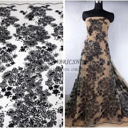 La Belleza New Beautiful off white/black sequins polyester embroidery lace fabric fashion wedding/evening dress lace fabric