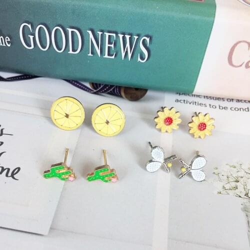 XEDZ Cute Stud Earrings Cartoon Lemon Cactus White Rabbit Chrysanthemum Small Fresh Korean Edition for Women Ear Jewelry Gifts