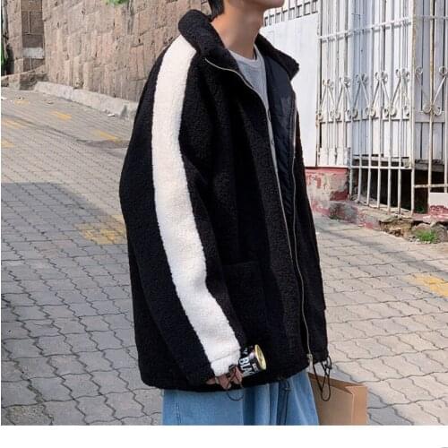 Korean Warm Thicken Cute Bear Printed Mens Lambwool Coats Man Loose Jackets Parkas Black White Male Casual Jacket