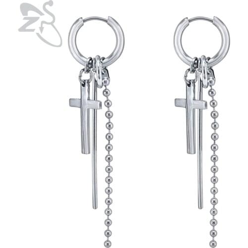 ZS 2019 Hot Sale Cross Hoop Earrings with Long Link Chain Punk Style Circle Earrings for Men Women Rock Korean Hip Hop Jewelry