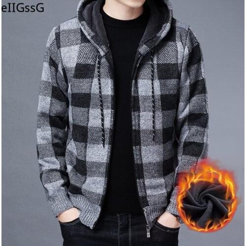 New Mens Sweater Coat 2021 Autumn and Winter Thick Warm Hooded Plaid Wool Sweater Cardigan Pullover Zipper Fleece Coat Men