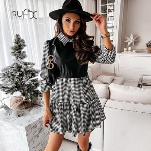 RYFIX Casual Long Sleeve Mini Shirt Dress For Women White 2021 Spring PU Leather Patchwork Plaid Woman Dresses Clothing Femme