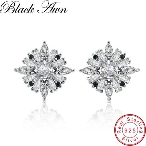 [BLACK AWN] Wedding Stud Earrings for Women Genuine 925 Sterling Silver Jewelry Boucle D'oreille Brincos I044