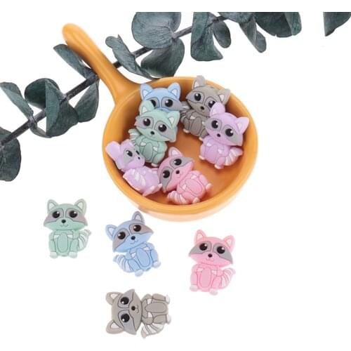 QHBC 20pcs Mini Animal Silicone Raccoon Baby Teether Beads Newborn Pacifier Chain Jewelry DIY Infant Nurse Dental Care BPA Free