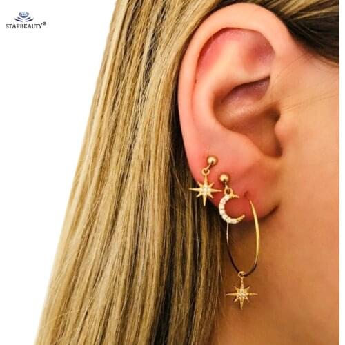 Starbeauty 4 pcs/lot Gold Color Sun Moon Ear Piercing Jewelry Helix Piercing Nose Ring Faux Piercing oreille Fake Earrings Hoop