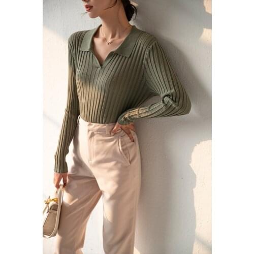 Polo Sweater Knitted Rib Tops Women Long Sleeve Vintage Sweaters With Collar M,L