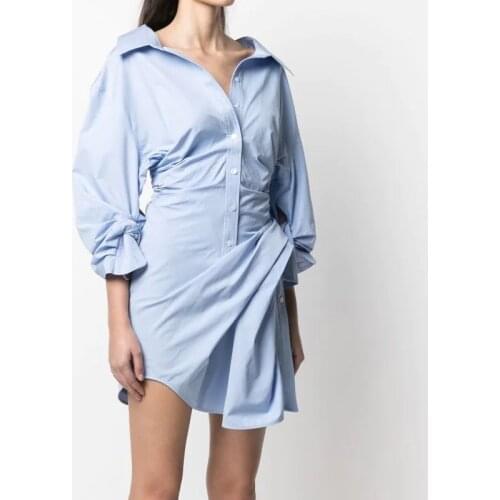 Loose Casual Cotton Shirt Dress Women Spring Autumn Elegant Lantern Sleeve Irregular Mini Dresses White/blue Vestido De Mujer