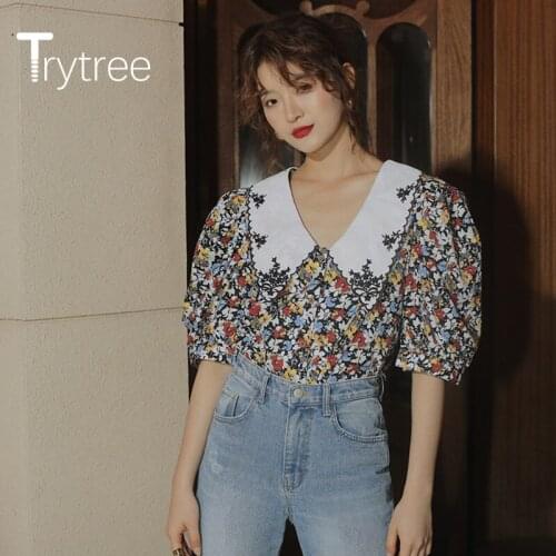 Trytree 2020 Summer Woman Casual Blouse Peter pan Collar Half Sleeve Vintage Print Blouse Fashion Office Lady Blouse Top