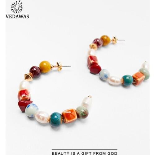 Vedawas 2021 ZA Pearls Ceramic Hoop Earrrings for Women Boho Colorful Big Round Drop Earrings Holiday Jewelry Party Wholesale