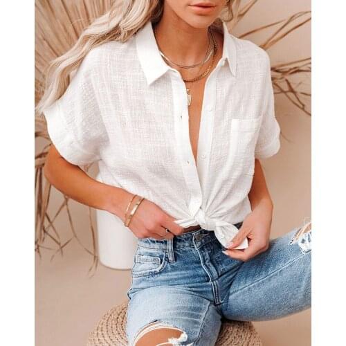 Women 2021 Casual Elegant Summer Loose Tops Women Blouses Short Sleeve Shirt Casual Cotton Turn-down Collar Ladies Blouses