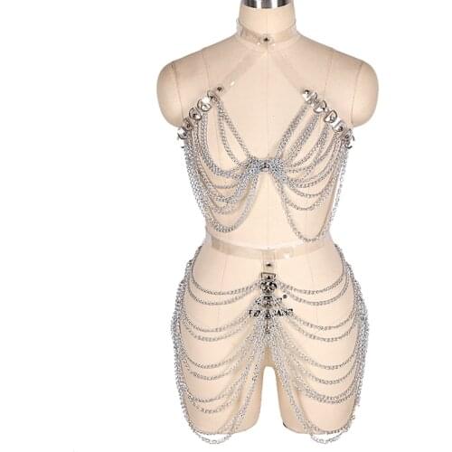 Goth Leather Chain Harness Skirt Set Sexy Women Harness Waist B elt Fashion Costume Chain Bra Dress Dance Wear