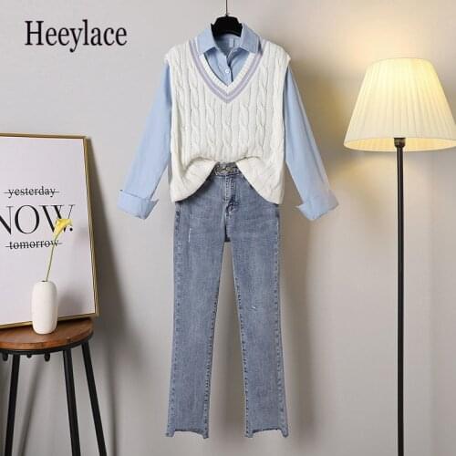 Korean Casual 3 Piece Set Women Autumn Solid Shirts Sweet Vests Ankle Length Jeans Suits Office Lady Elegant Chic Women Sets 2XL