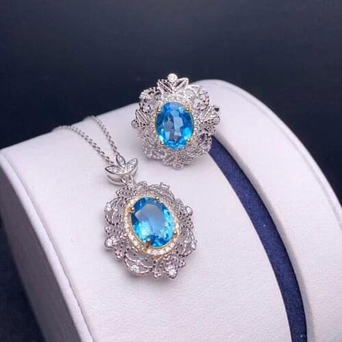 KOFSAC New 925 Silver Necklace Set For Women Luxury Engagement Jewelry Shining Zircon Blue Oval Necklaces Lady Party Accessories