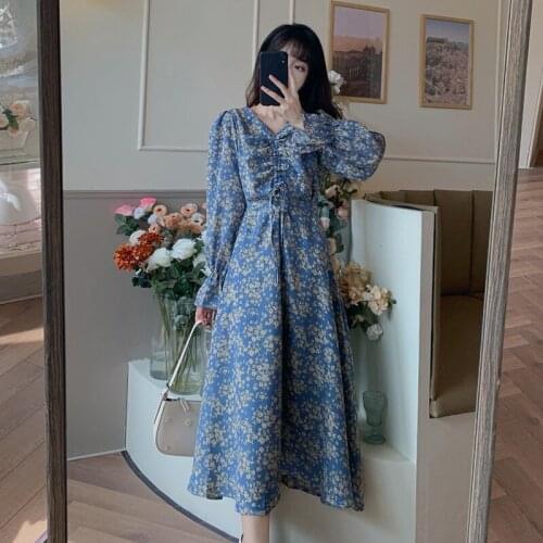 Autumn Winter Retro Floral Dress Korean Temperament 2020 Womens Gentle V-neck Pullover High Waist Long Sleeve Dress Women Q298