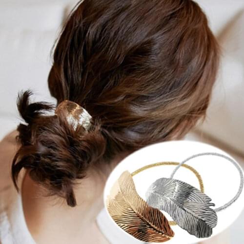 1 pc gold silver Women Lady Leaf Hair Band Rope Headband Elastic Ponytail Holder female Hair Band hair braider