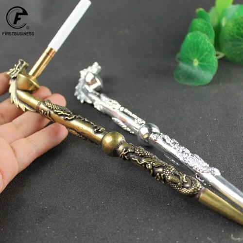Antique Copper Long-Stemmed Dragon Carved Tobacco Pipe Ornament Vintage Handmade Metal Brass Smoking Cigarette Accessories Gifts