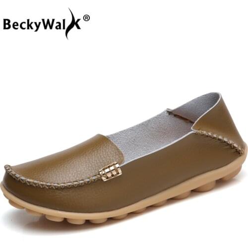 BeckyWalk New 2021 Women Flat Shoes Woman Loafers Plus Size Women Soft Genuine Leather Casual Mom Shoes sapato feminino WSH2678