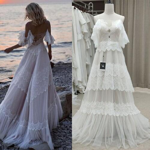 Bohemian Boho Beach Garden Bridal Gown Lace Champagne Spaghetti Straps Backless Destination Wedding Dress Vestido De Noiva #1241