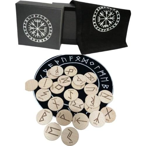 Wooden Runes Stone Runas Piedra for Divination Props Carved Energy Stone Kit Runes Symbols Letters with Bag Tablecloth