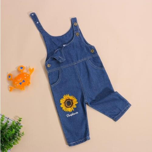 Baby Romper Sunflower Print U-Neck Sleeveless Jumpsuit Overall Pants for Kids Blue 6-24 Months Jeans Bodysuits Tracksuit