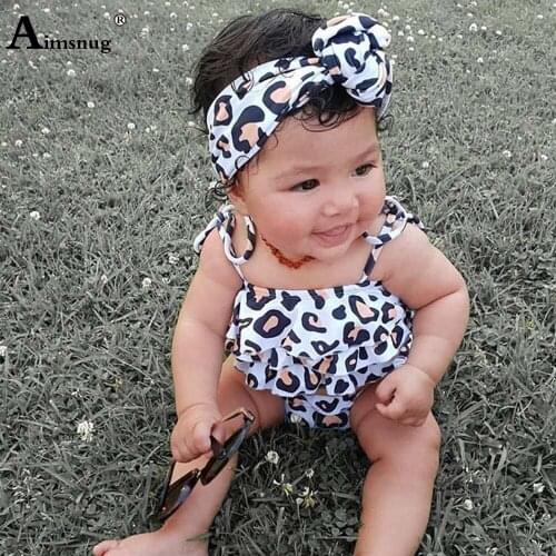 Baby Girls Princess Swimsuit with Headband Children One-Pieces Swimwear 2021 Leopard Print Onesie Bathing Suits Kids Clothing