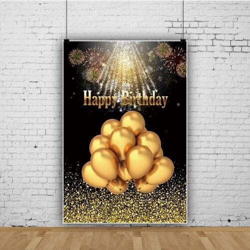 Laeacco Gold Balloons Fireworks Glitters Black Background Happy Birthday Party Personalized Poster Photographic Photo Backdrops