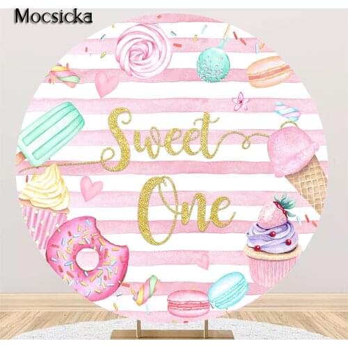 Sweet Donuts Girl One Birthday Backdrop Decorations Circle Round Baby 1st Birthday Cake Smash Background Pink Stripes Ice Cream