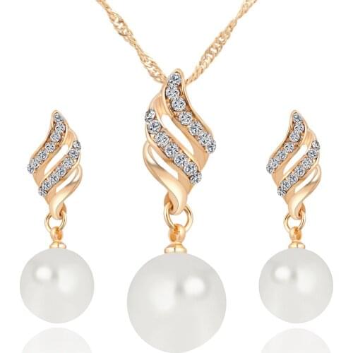 MIQIAO Gold Plated Pearl Crystal Luxury Pendant Collar Chain Necklace Stud Piercing Earring Jewelry Sets for Women Wedding Gift