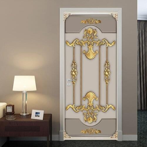 European Style 3D Stereo Golden Gypsum Pattern Wallpaper PVC Self-Adhesive Waterproof Door Sticker Living Room Luxury 3D Poster