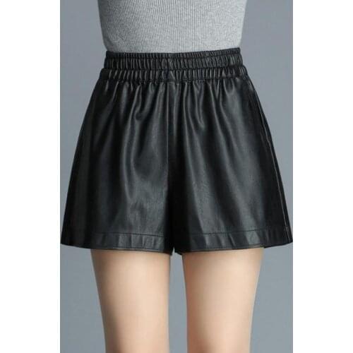 Fall Winter Fashion Women High Elastic Waisted Black Pu Leather Xxl Shorts , Autumn Spring Casual Lady Female Wide Leg Shorts