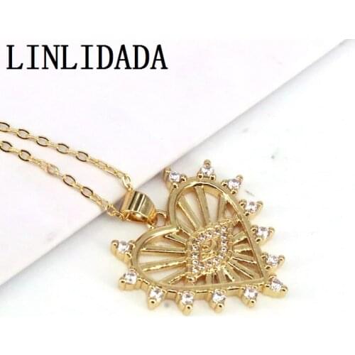 10Pcs, Heart Eye Pendant Charm Necklace Handmade Jewelry,Fashion Heart Shape Necklace, CZ Pave Brass Gold Color Pendant Necklace