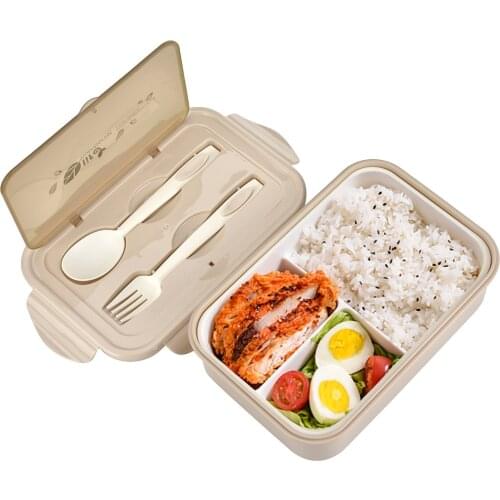 Plastic Three Compartments Lunch Box Microwave Heating Dinnerware Lunchbox With Spoon Fork