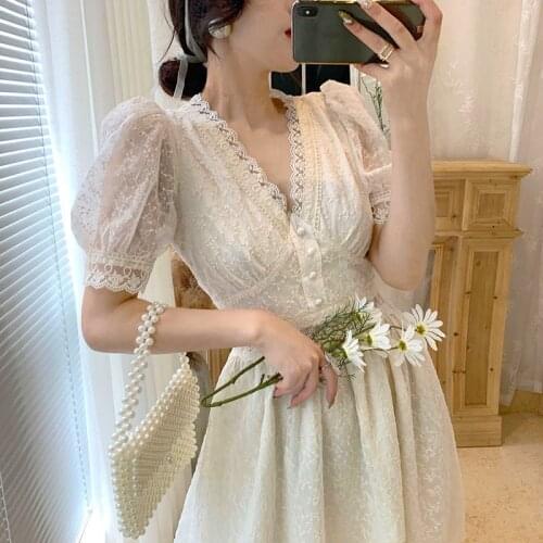 One Piece Dress Korean V-Neck Elegant Vintage Dress Women Puff Sleeve Lace Dress Evening Party Dress Females 2021 Summer Chic