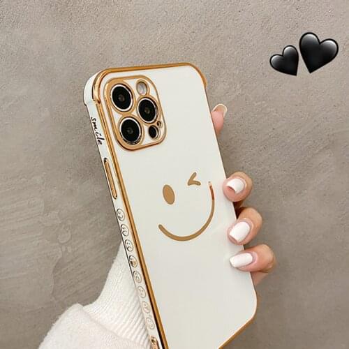 Luxury Gold Plated Cute Smiley Pattern Bumper Case For iPhone 12 11 Pro XS Max X XR 7 8 Plus Mini Soft Silicone Protection Cover