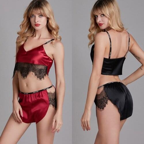 Sexy Pajamas Satin Faxu Silk Pajamas Womens Summer Lace Two-Piece Set Homeware Pyjamas Women Shorts V-Neck Pjs Women Nightgown