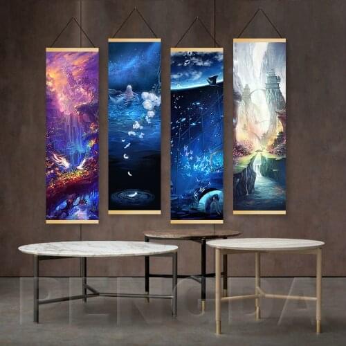 Printed Modern Game Canvas Wall Art Dragon Fantasy Role Solid Wood Hanging Scrolls Painting Nordic Home Decor Kids Room Posters
