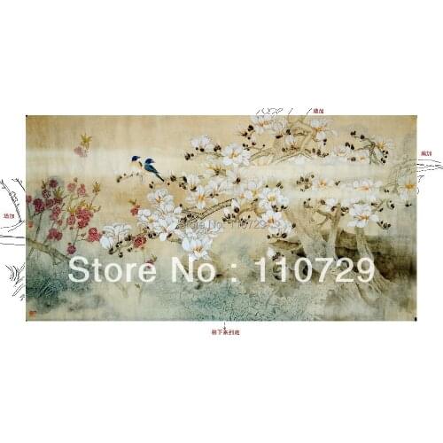 Decoration Hand painted silk wallpaper painting Magnolia with Flower/birds hand painted wall paper TV/sofa/bedroom background