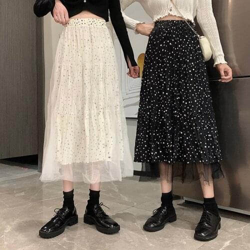 2021 Spring & Autumn Reversible Skirts Mid-length New Lace Dot High Waist Sweet Pleated Stitching Midi Skirt Women BSQ383