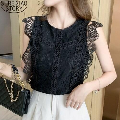 Women Shirt O-neck Womens Clothing Ladies Tops Summer Sleeveless Lace Blouse Short Sleeve Hollow Out Clothes Blusas Mujer 15802