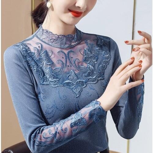 M-4XL Spring Autumn Women lace Shirt Long Sleeve Patchwork Mesh T shirt New Korean fashion Clothing Diamond Lady Tops