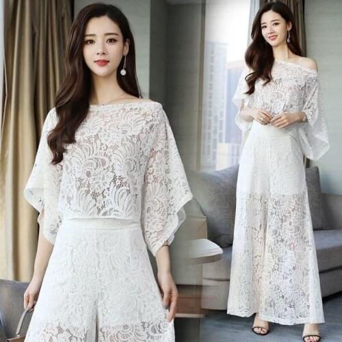 Women Two Piece Wide Leg Pant Set And Crop Top Slash Neck Summer Lace Casual Elegant Minimalist Classic Outfit Female 2021 S-3XL