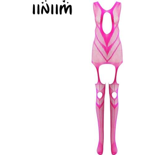 Women Sexy Exotic Teddies Nightwear See-through Keyhole Bodystocking Hollow Out Mesh Stretchy Sleeveless Crotchless Bodysuit