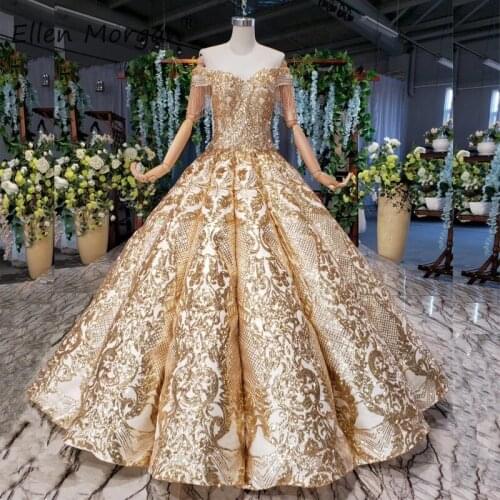 Champagne Gold Ball Gowns Wedding Dresses 2020 Princess Custom Made Vestidos De Novia Real Photos Off Shoulder Bridal Gowns