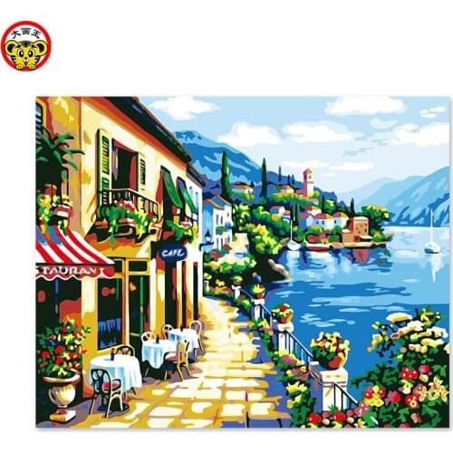 Painting by numbers art paint by number Digital painting riverside town scenery building decoration painting his own blue sky co