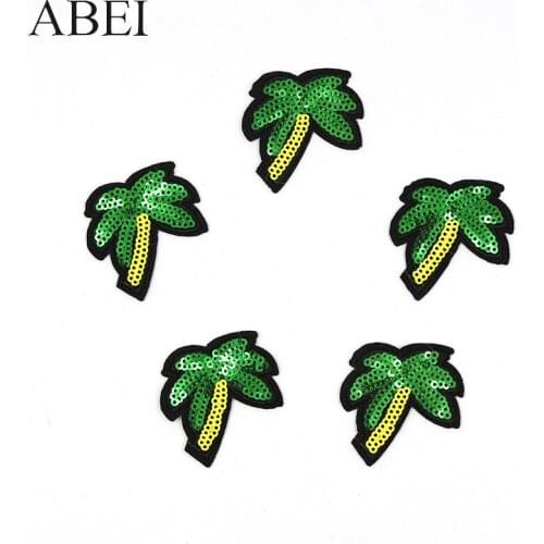 10pcs/lot Sequined Coconut Tree Patch Iron On Embroidery Plants Appliqued Diy Sewing Clothes Stickers for Bags Coats Hats Socks