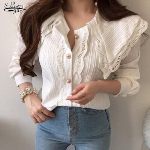 2021 Fall Solid Doll Collar Puff Sleeve Blouse Lace Edge Elegant Women Shirt Lady Short Sleeve Retro Female Shirt Blusas 15850