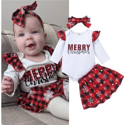 3Pcs Baby Christmas Outfit Letter Print Long-Sleeve Romper + Plaid Skirt + Headband for Toddler Girls 0-18 Months