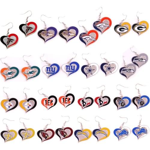 32 DIY Football Team Logo Rugby Heart Shape Sports Teams Earrring